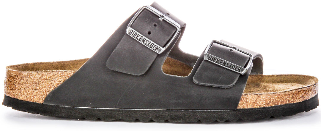 Birkenstock Arizona BS Sandales en Cuir Huilé avec Deux Brides Ajustables et Semelle en Liège Anatomique pour Femmes en Noir