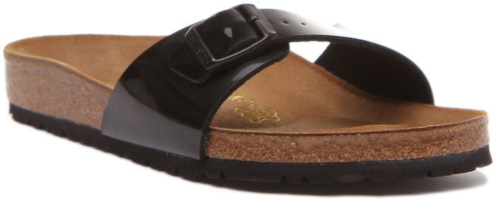 Birkenstock Madrid Birko Flor sandalen met enkele band voor dames in zwart lak