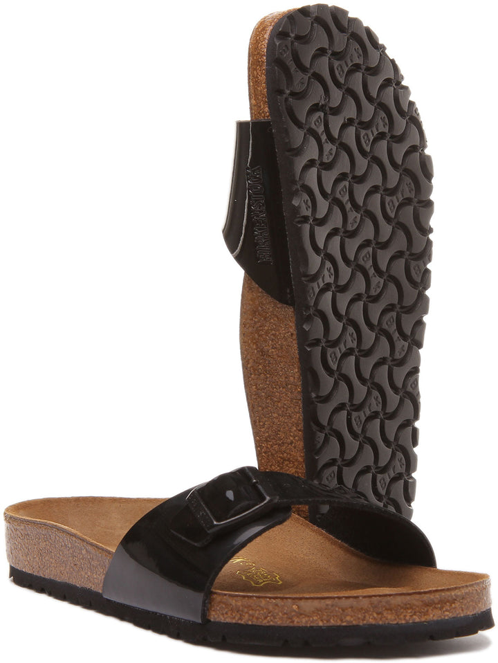 Birkenstock Madrid Birko Flor sandalen met enkele band voor dames in zwart lak
