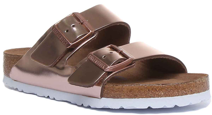 Birkenstock Arizona Sandale métallique à 2 brides avec semelle souple pour femme en cuivre