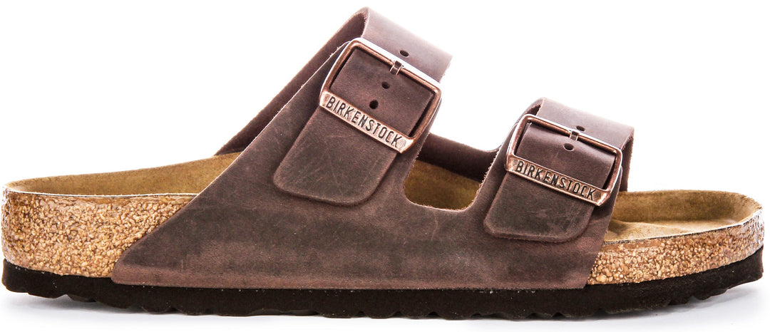 Birkenstock Arizona BS Sandales en Cuir Huilé avec Deux Brides Ajustables et Semelle en Liège Anatomique pour Femmes en Marron Foncé