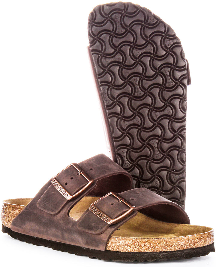 Birkenstock Arizona BS Sandales en Cuir Huilé avec Deux Brides Ajustables et Semelle en Liège Anatomique pour Femmes en Marron Foncé