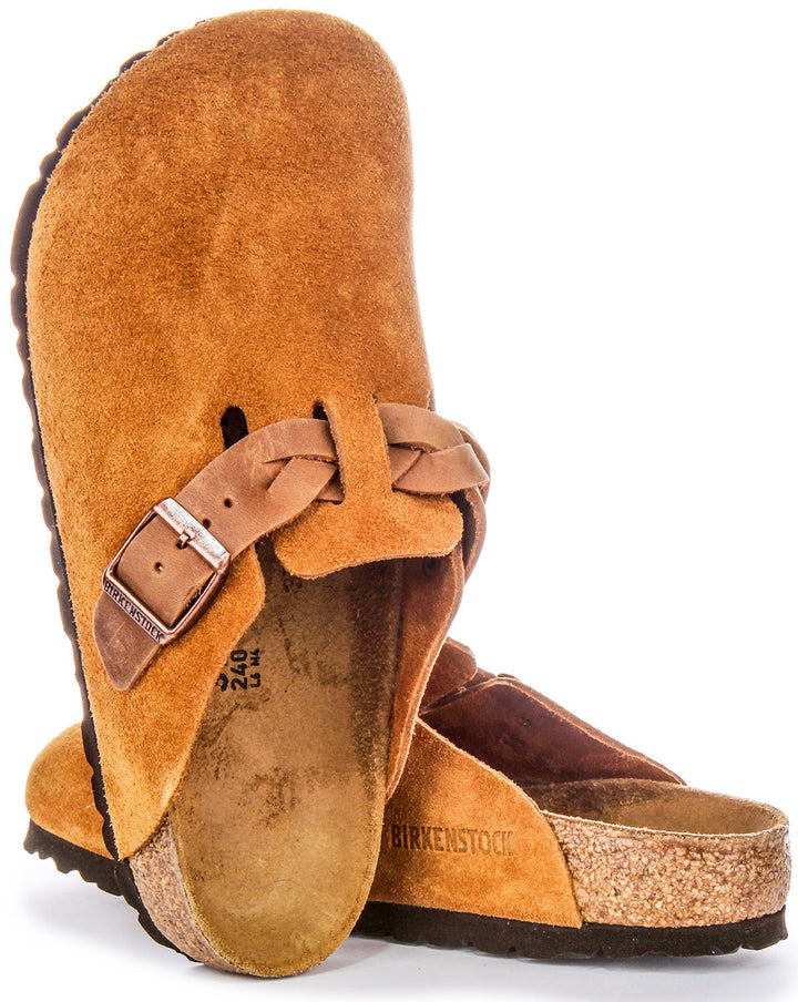 Birkenstock Boston Braided Elegant Pin Sandales Élégantes en Cuir Suédé Mink