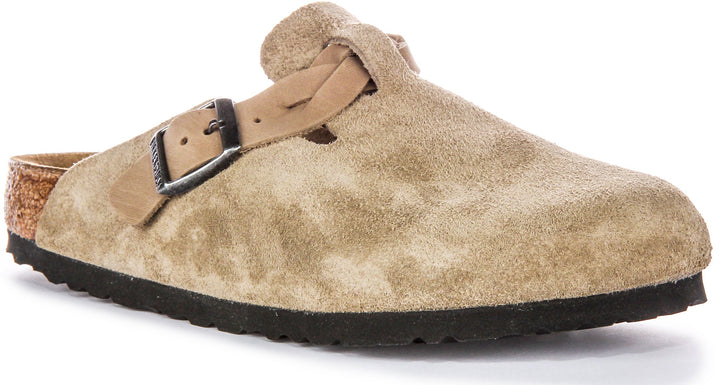 Birkenstock Boston Braided Elegant Pin Sandales Élégantes en Cuir Suédé Taupe