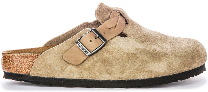 Birkenstock Boston Braided Elegant Pin Sandales Élégantes en Cuir Suédé Taupe