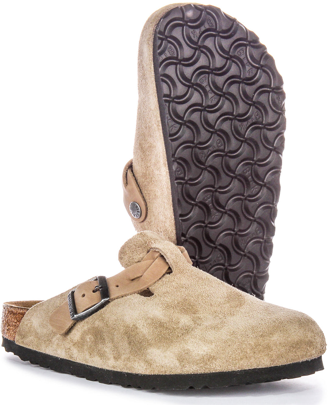 Birkenstock Boston Braided Elegant Pin Sandales Élégantes en Cuir Suédé Taupe